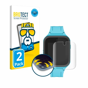 Vorderseite einer Produktverpackung mit dem Markenlogo BROTECT. Daneben ist das Gerät TCL Movetime FamilyWatch Kids MT40X mit 