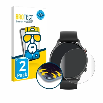 Vorderseite einer Produktverpackung mit dem Markenlogo BROTECT. Daneben ist das Gerät Huami Amazfit GTR 2e mit dem zugehörigen