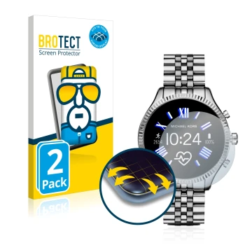 Vorderseite einer Produktverpackung mit dem Markenlogo BROTECT. Daneben ist das Gerät Michael Kors Access Gen 5 Lexington mit 