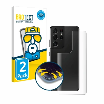 Vorderseite einer Produktverpackung mit dem Markenlogo BROTECT. Daneben ist das Gerät Samsung Galaxy S21 Ultra 5G (Rückseite) 