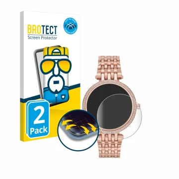 Vorderseite einer Produktverpackung mit dem Markenlogo BROTECT. Daneben ist das Gerät Michael Kors Access Darci Gen 5E mit dem
