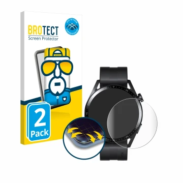 Vorderseite einer Produktverpackung mit dem Markenlogo BROTECT. Daneben ist das Gerät Huawei Watch GT 3 (46 mm) mit dem zugehö