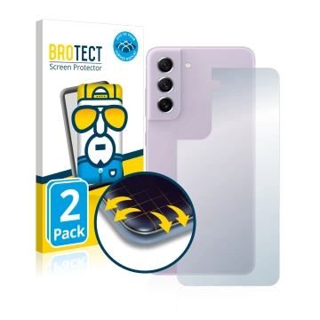 Vorderseite einer Produktverpackung mit dem Markenlogo BROTECT. Daneben ist das Gerät Samsung Galaxy S21 FE 5G (Rückseite) mit