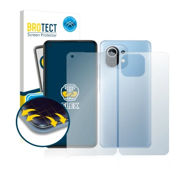 Vorderseite einer Produktverpackung mit dem Markenlogo BROTECT. Daneben ist das Gerät Xiaomi Mi 11 Lite 5G (Display+Rückseite)