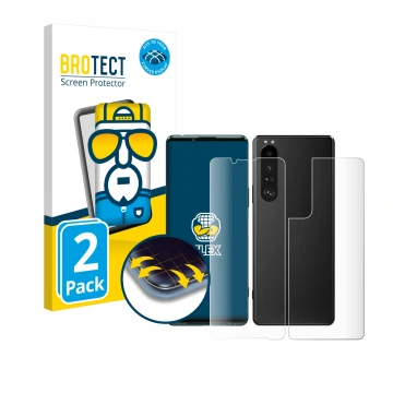 Vorderseite einer Produktverpackung mit dem Markenlogo BROTECT. Daneben ist das Gerät Sony Xperia 5 III (Display+Rückseite) mi