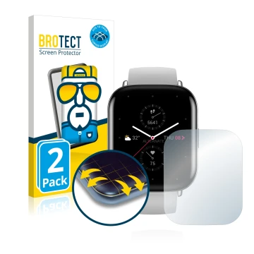 Vorderseite einer Produktverpackung mit dem Markenlogo BROTECT. Daneben ist das Gerät Huami Amazfit Zepp E Square mit dem zuge