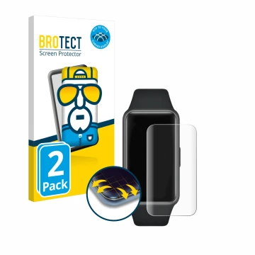 Vorderseite einer Produktverpackung mit dem Markenlogo BROTECT. Daneben ist das Gerät Huawei Band 6 mit dem zugehörigen Displa