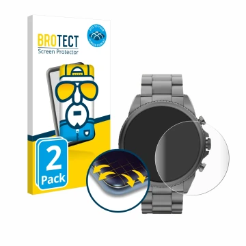Vorderseite einer Produktverpackung mit dem Markenlogo BROTECT. Daneben ist das Gerät Fossil Gen 6 (44mm) mit dem zugehörigen 