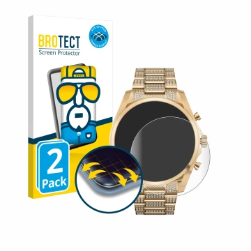 Vorderseite einer Produktverpackung mit dem Markenlogo BROTECT. Daneben ist das Gerät Michael Kors Access Gen 6 Bradshaw mit d