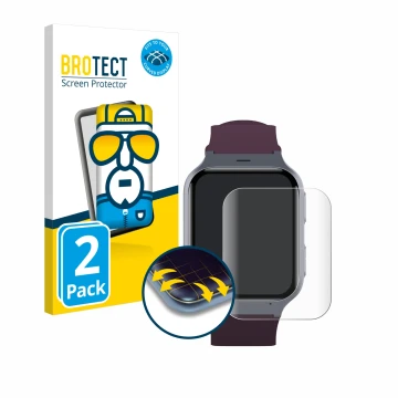 Vorderseite einer Produktverpackung mit dem Markenlogo BROTECT. Daneben ist das Gerät TCL Safety Watch MT43AX mit dem zugehöri