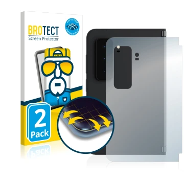 Vorderseite einer Produktverpackung mit dem Markenlogo BROTECT. Daneben ist das Gerät Microsoft Surface Duo 2 (Rückseite) mit 