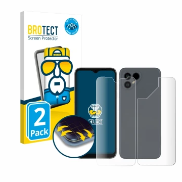 Vorderseite einer Produktverpackung mit dem Markenlogo BROTECT. Daneben ist das Gerät Fairphone 4 (Display+Rückseite) mit dem 