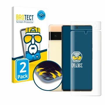 Vorderseite einer Produktverpackung mit dem Markenlogo BROTECT. Daneben ist das Gerät Google Pixel 6 Pro (Display+Kamera) mit 