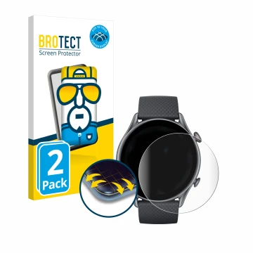 Vorderseite einer Produktverpackung mit dem Markenlogo BROTECT. Daneben ist das Gerät Huami Amazfit GTR 3 Pro mit dem zugehöri