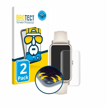 Vorderseite einer Produktverpackung mit dem Markenlogo BROTECT. Daneben ist das Gerät Huawei Watch Fit mini mit dem zugehörige