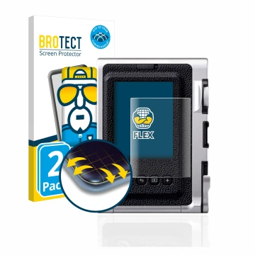 Vorderseite einer Produktverpackung mit dem Markenlogo BROTECT. Daneben ist das Gerät Fujifilm Instax Mini Evo mit dem zugehör