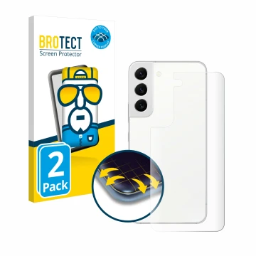 Vorderseite einer Produktverpackung mit dem Markenlogo BROTECT. Daneben ist das Gerät Samsung Galaxy S22 5G (Rückseite) mit de