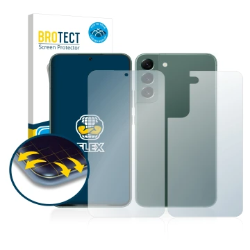 Vorderseite einer Produktverpackung mit dem Markenlogo BROTECT. Daneben ist das Gerät Samsung Galaxy S22 Plus 5G (Display+Rück