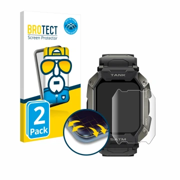 Vorderseite einer Produktverpackung mit dem Markenlogo BROTECT. Daneben ist das Gerät Kospet Tank M1 mit dem zugehörigen Displ