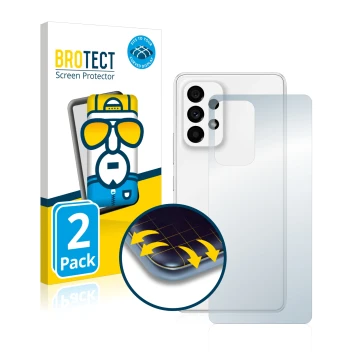 Vorderseite einer Produktverpackung mit dem Markenlogo BROTECT. Daneben ist das Gerät Samsung Galaxy A53 5G (Rückseite) mit de