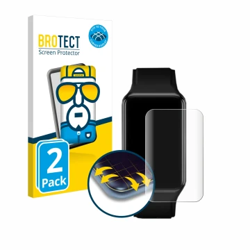 Vorderseite einer Produktverpackung mit dem Markenlogo BROTECT. Daneben ist das Gerät Oppo Watch Free mit dem zugehörigen Disp