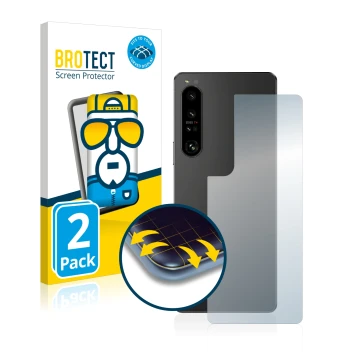 Vorderseite einer Produktverpackung mit dem Markenlogo BROTECT. Daneben ist das Gerät Sony Xperia 1 IV (Rückseite) mit dem zug