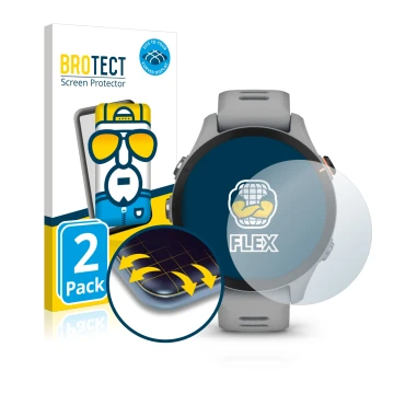Vorderseite einer Produktverpackung mit dem Markenlogo BROTECT. Daneben ist das Gerät Garmin Forerunner 255S mit dem zugehörig
