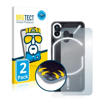 Vorderseite einer Produktverpackung mit dem Markenlogo BROTECT. Daneben ist das Gerät Nothing Phone (1) (Rückseite) mit dem zu