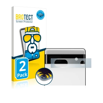 Vorderseite einer Produktverpackung mit dem Markenlogo BROTECT. Daneben ist das Gerät Google Pixel 6a (NUR Kameraschutz) mit d