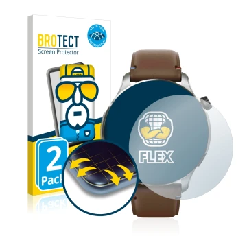 Vorderseite einer Produktverpackung mit dem Markenlogo BROTECT. Daneben ist das Gerät Huami Amazfit GTR 4 mit dem zugehörigen 