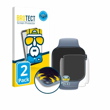 Vorderseite einer Produktverpackung mit dem Markenlogo BROTECT. Daneben ist das Gerät Apple Watch Series 8 (45 mm) mit dem zug