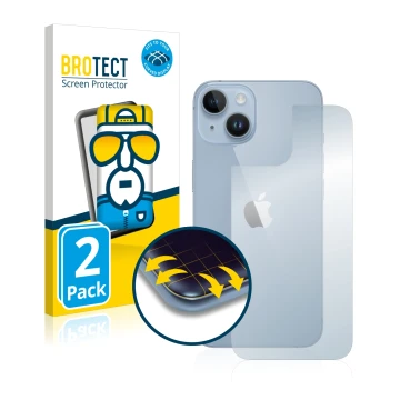Vorderseite einer Produktverpackung mit dem Markenlogo BROTECT. Daneben ist das Gerät Apple iPhone 14 (Rückseite) mit dem zuge