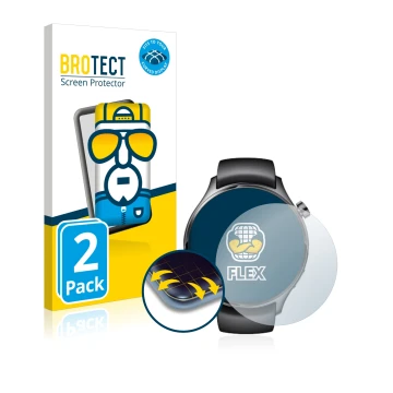 Vorderseite einer Produktverpackung mit dem Markenlogo BROTECT. Daneben ist das Gerät Xiaomi Watch S1 Pro mit dem zugehörigen 