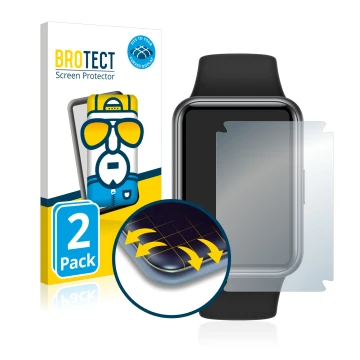 Vorderseite einer Produktverpackung mit dem Markenlogo BROTECT. Daneben ist das Gerät Huawei Watch Fit 2 Active Edition mit de