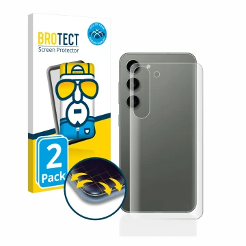 Vorderseite einer Produktverpackung mit dem Markenlogo BROTECT. Daneben ist das Gerät Samsung Galaxy S23 Plus (Rückseite) mit 