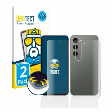 Vorderseite einer Produktverpackung mit dem Markenlogo BROTECT. Daneben ist das Gerät Samsung Galaxy S23 Plus (Display+Rücksei