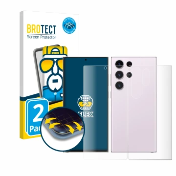 Vorderseite einer Produktverpackung mit dem Markenlogo BROTECT. Daneben ist das Gerät Samsung Galaxy S23 Ultra (Display+Rückse