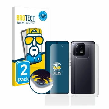 Vorderseite einer Produktverpackung mit dem Markenlogo BROTECT. Daneben ist das Gerät Xiaomi 13 (Display+Rückseite) mit dem zu