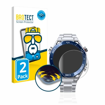 Vorderseite einer Produktverpackung mit dem Markenlogo BROTECT. Daneben ist das Gerät Huawei Watch Ultimate (48.5 mm) mit dem 