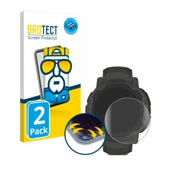 Vorderseite einer Produktverpackung mit dem Markenlogo BROTECT. Daneben ist das Gerät Garmin Instinct 2 Solar mit dem zugehöri