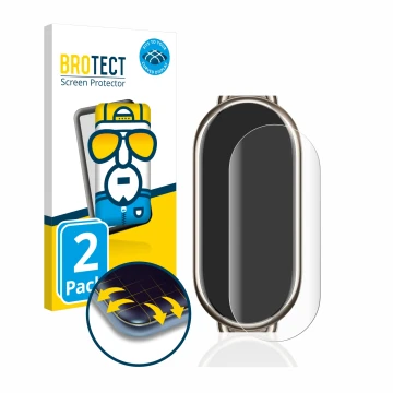 Vorderseite einer Produktverpackung mit dem Markenlogo BROTECT. Daneben ist das Gerät Xiaomi Mi Band 8 mit dem zugehörigen Dis