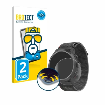 Vorderseite einer Produktverpackung mit dem Markenlogo BROTECT. Daneben ist das Gerät Coros Apex 2 Pro mit dem zugehörigen Dis