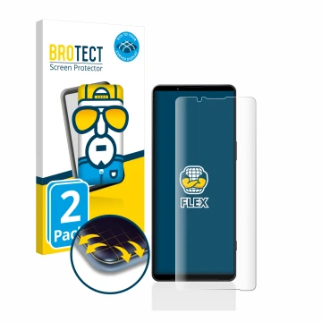 Vorderseite einer Produktverpackung mit dem Markenlogo BROTECT. Daneben ist das Gerät Sony Xperia 1 V mit dem zugehörigen Disp