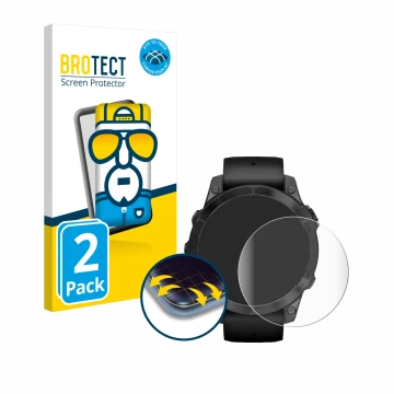 Vorderseite einer Produktverpackung mit dem Markenlogo BROTECT. Daneben ist das Gerät Garmin Epix Pro (Gen 2) (47 mm) mit dem 
