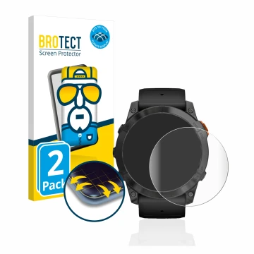 Vorderseite einer Produktverpackung mit dem Markenlogo BROTECT. Daneben ist das Gerät Garmin Fenix 7X Pro Solar (51 mm) mit de