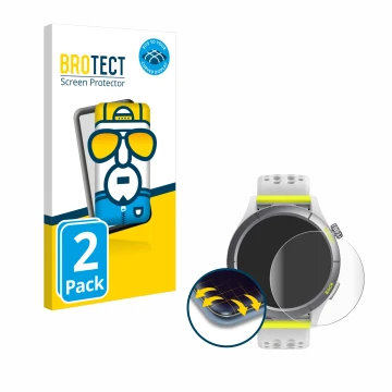 Vorderseite einer Produktverpackung mit dem Markenlogo BROTECT. Daneben ist das Gerät Huami Amazfit Cheetah mit dem zugehörige