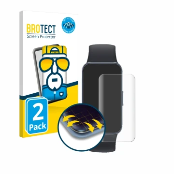 Vorderseite einer Produktverpackung mit dem Markenlogo BROTECT. Daneben ist das Gerät Huawei Band 8 mit dem zugehörigen Displa