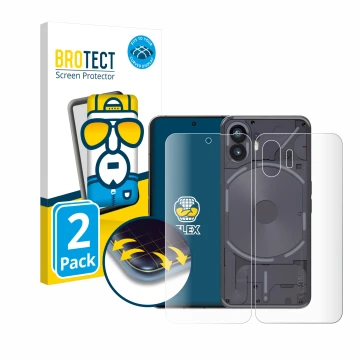 Vorderseite einer Produktverpackung mit dem Markenlogo BROTECT. Daneben ist das Gerät Nothing Phone (2) (Display+Rückseite) mi