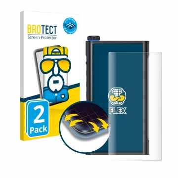 Vorderseite einer Produktverpackung mit dem Markenlogo BROTECT. Daneben ist das Gerät FiiO M15s mit dem zugehörigen Displaysch