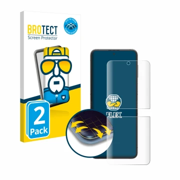 Vorderseite einer Produktverpackung mit dem Markenlogo BROTECT. Daneben ist das Gerät Samsung Galaxy Z Flip 5 mit dem zugehöri